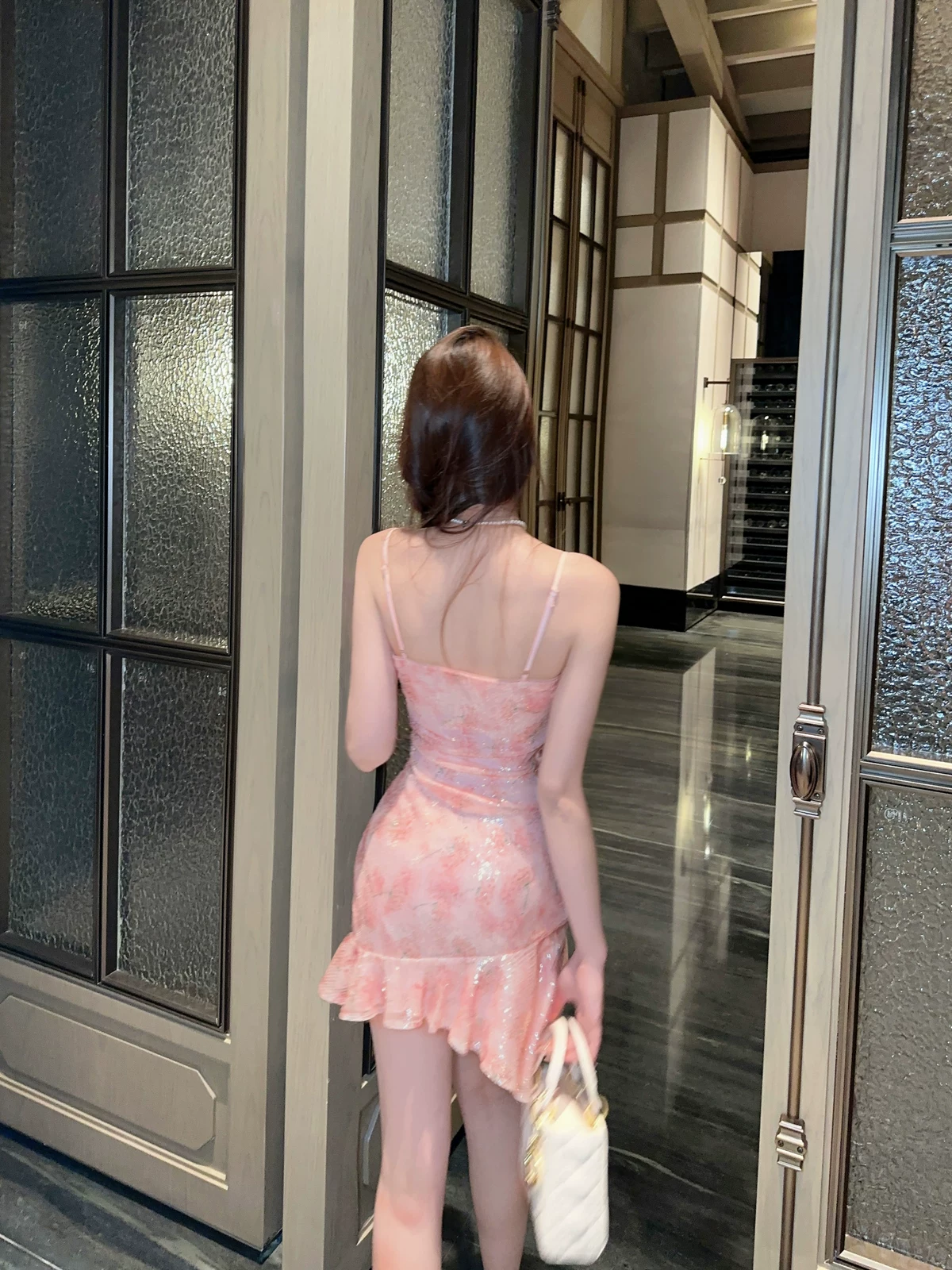 Vintage Pink Floral Sequin Spaghetti Strap Mini Ruched Ruffle Hem Bodycon Homecoming Dress DP8819