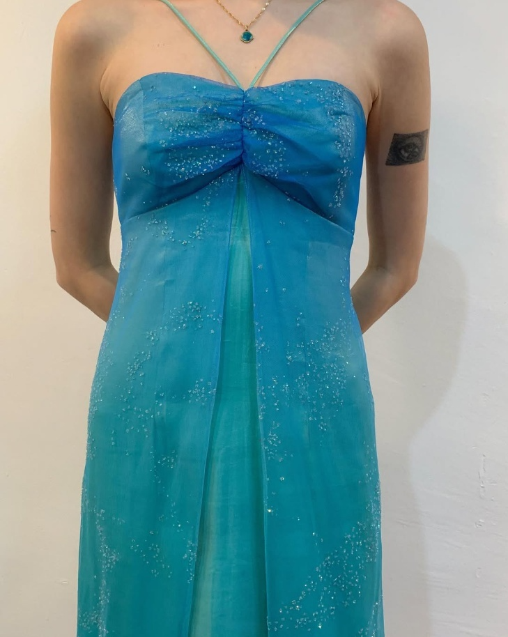 Charming Blue Halter Satin Tulle Long Evening Party Dress, DP3012