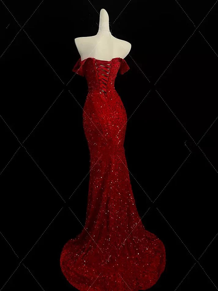 Enchanting Shiny Sequin Sweetheart Off-the-shoulder Mermaid Floor-length High Slit Prom Dress Evening Dress DP6334
