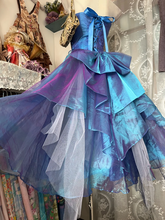 Vintage Strapless Blue Embroidered Bodice Evening Gown Layered Tulle Prom Dress DP8335