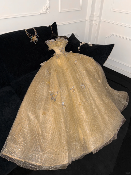 Superbe robe de soirée trapèze jaune brillante à paillettes et perles, motif papillons 3D, longueur au sol, DP6200