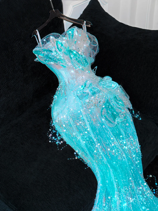 Gorgeous Sparkling Blue Beaded Sequin Mermaid Elegant Chiffon Tulle Evening Dress Prom Dresses DP6149