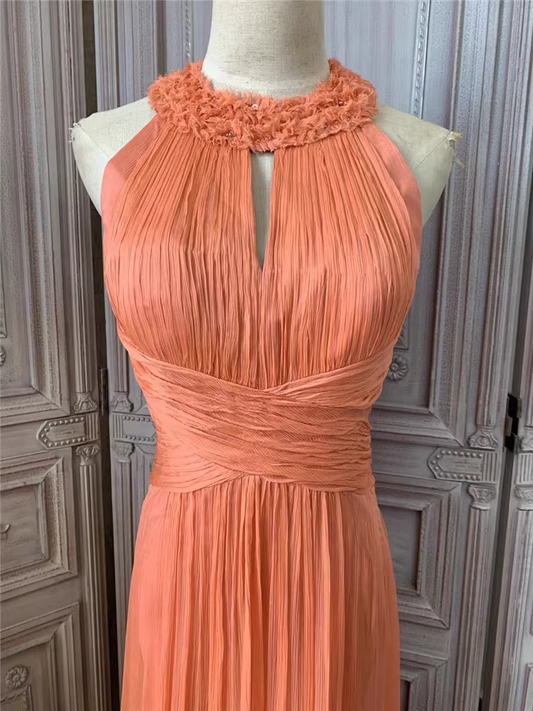 Vintage Coral Halter-Neck Chiffon Evening Gown Ruched Formal Maxi Dress Prom Dress DP7591