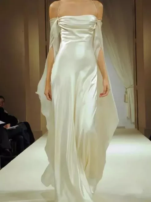 Elfenbeinfarbenes schulterfreies Maxikleid, rückenfreies langes Partykleid aus Satin, DP3605