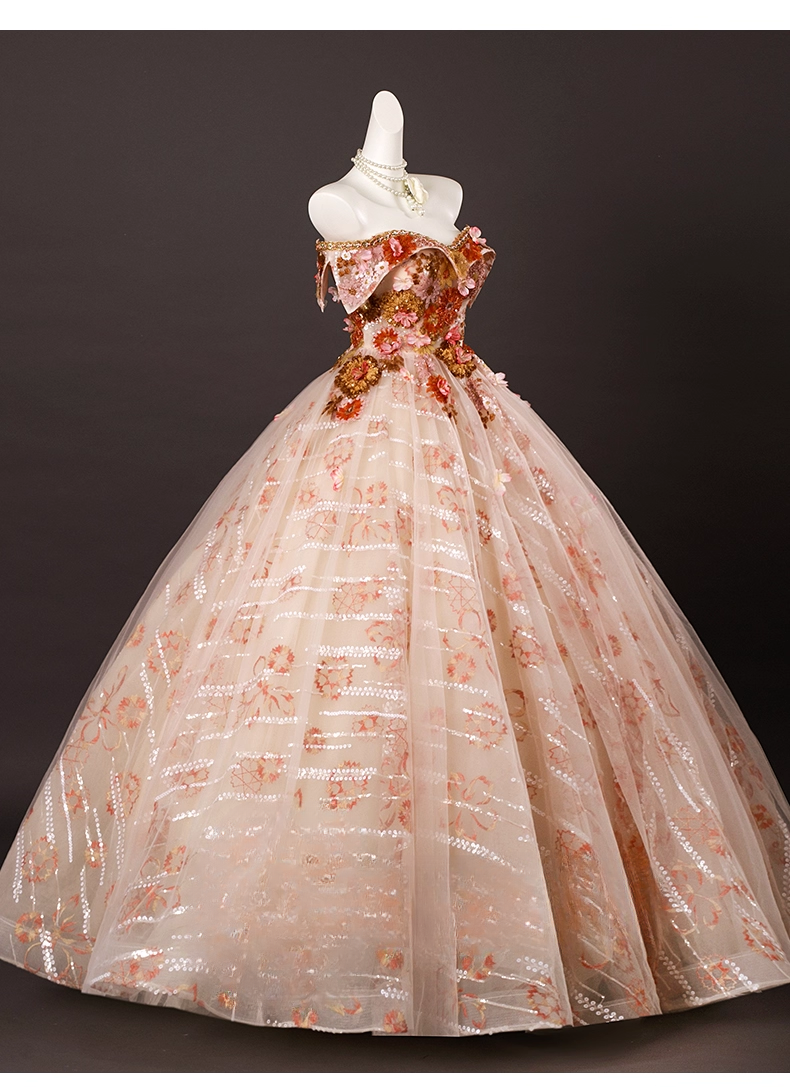 Vintage Floral Sequin Beaded Tulle Sweet 16 Quinceanera Sweetheart Off-the-shoulder Sweetheart Evening Dress A-Line Floor Length Ball Gown DP6913