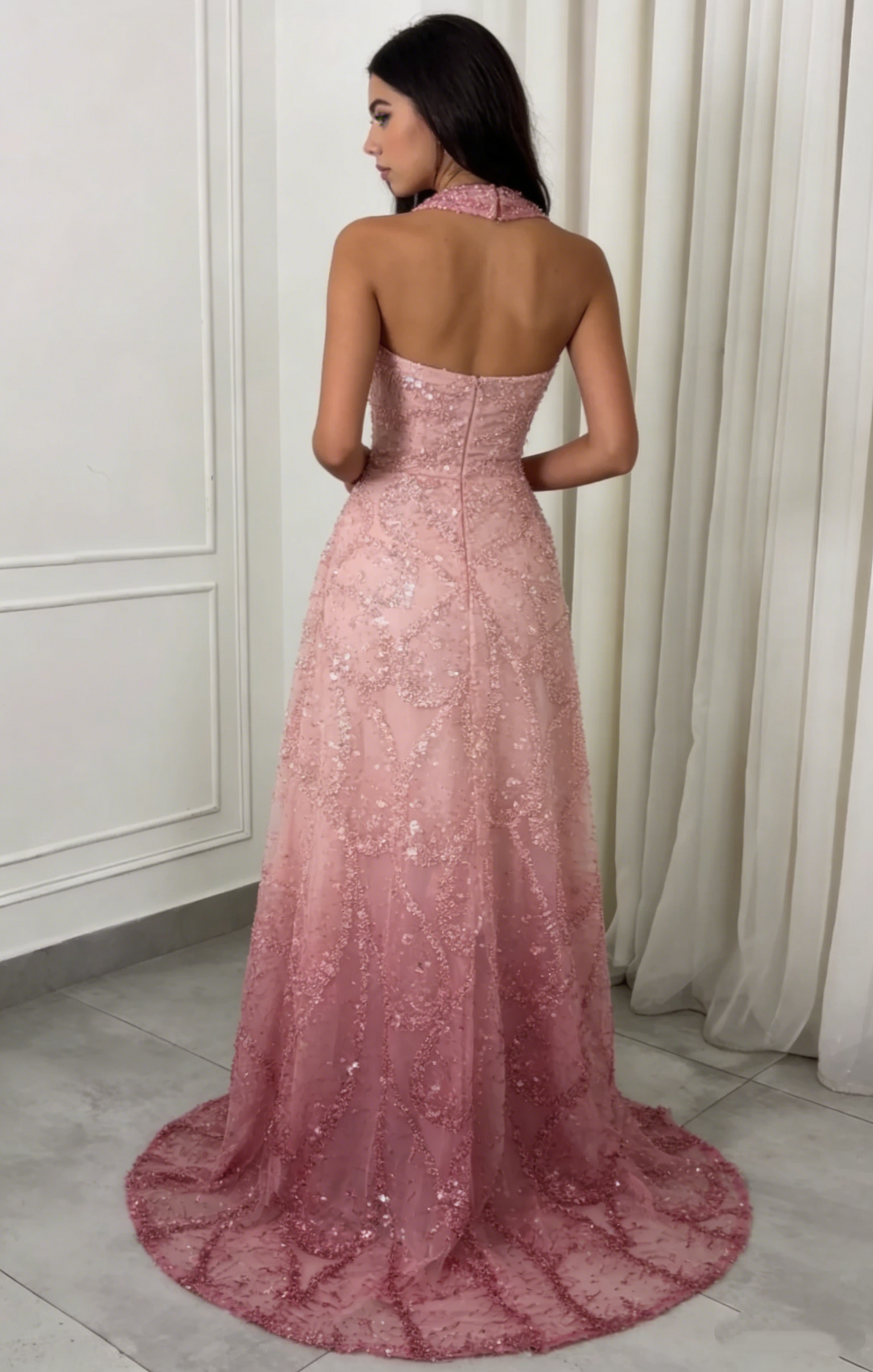Elegant Pink Halter Neck Sequin Beaded Evening Dress DP8063