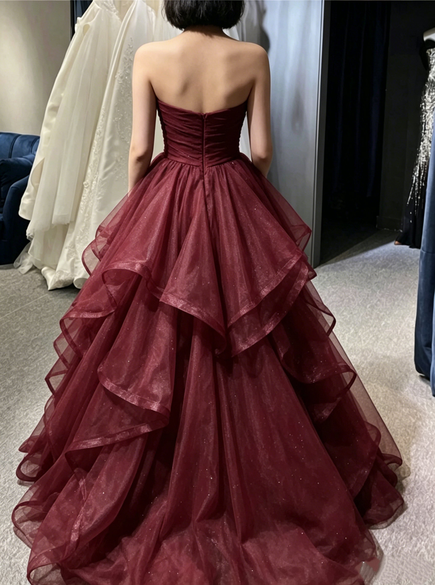 Elegant Burgundy Strapless Sweetheart Glitter Tulle Ruffle Layered Sweet 16 Quinceanera Ball Gown DP8364