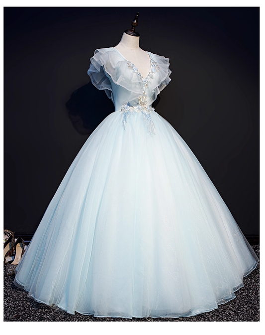 Vintage Sky Blue Applique Sweet 16 Quinceanera V-neck Tulle Evening Dress A-Line Floor Length Ball Gown DP6910