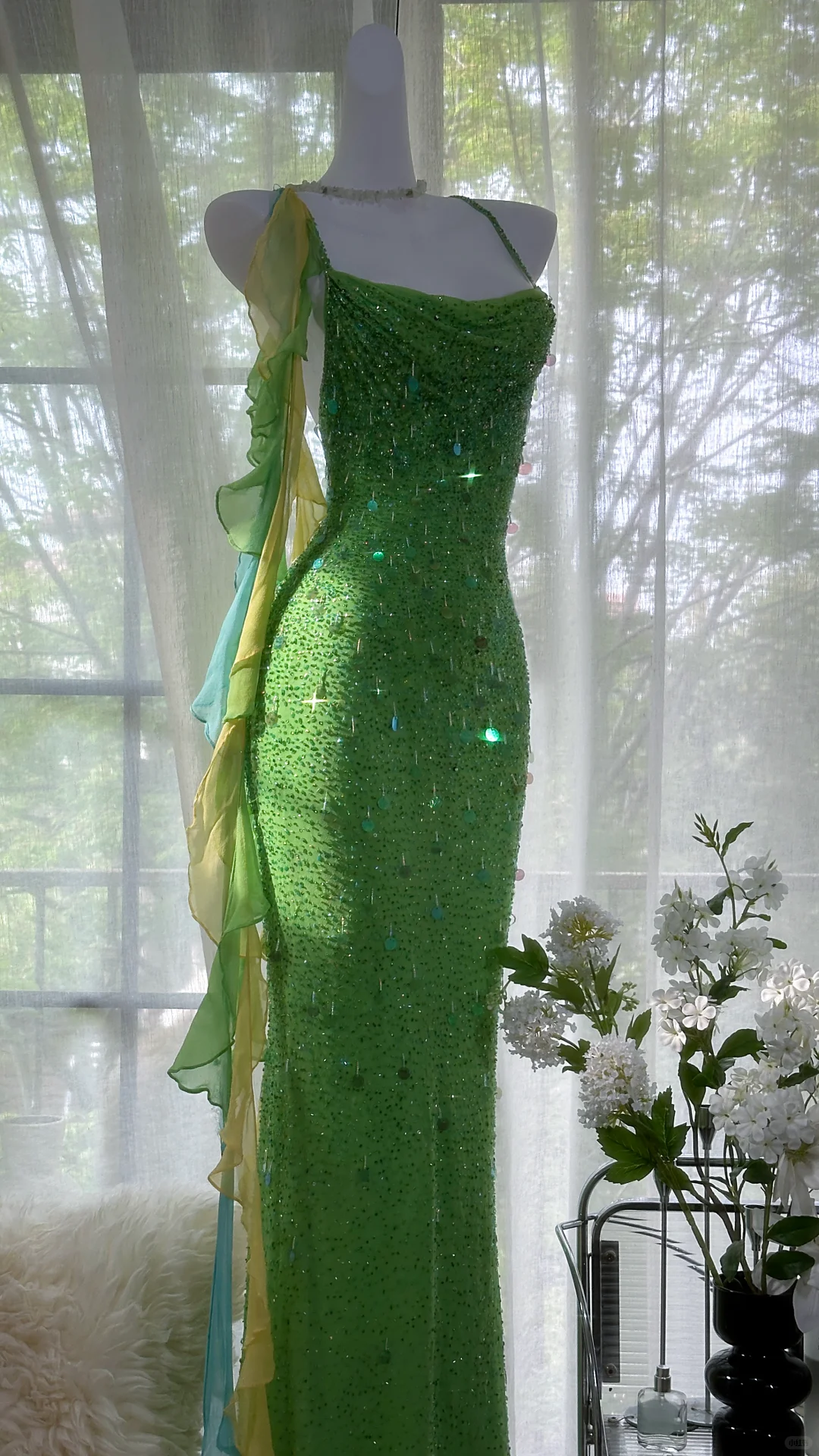 Vintage Shiny Sequin Green Spaghetti Strap Design A-line Romantic Chiffon Evening Dress Prom Dress DP6026