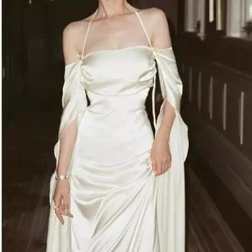Elfenbeinfarbenes schulterfreies Maxikleid, rückenfreies langes Partykleid aus Satin, DP3605