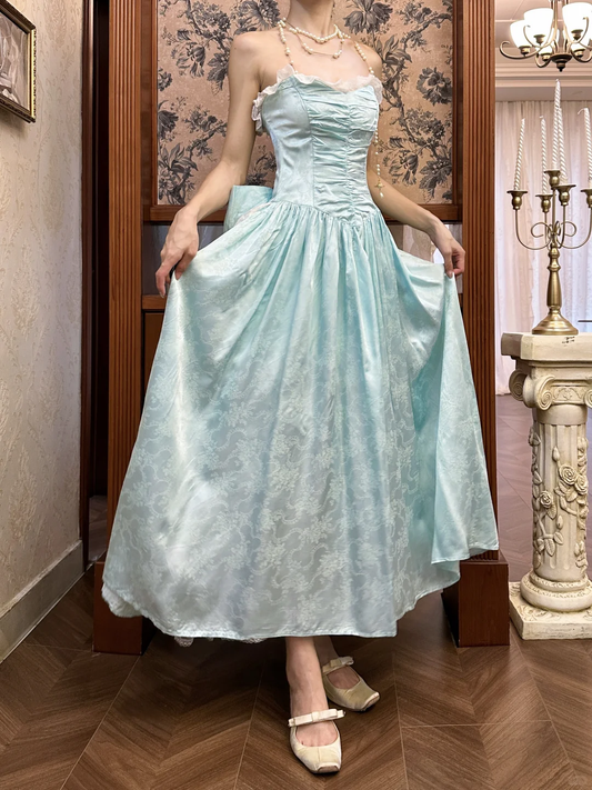 Elegant Mint Jacquard Satin Evening Gown Strapless A-Line Prom Dress DP7947