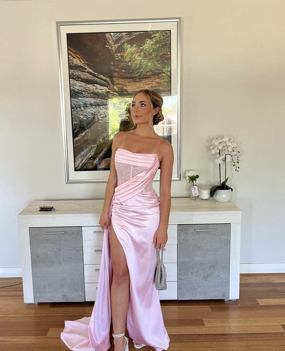Elegantes Satin-trägerloses, hochgeschlitztes Meerjungfrau-Kleid, langes Ballkleid, Partykleid, Abendkleid DP6490