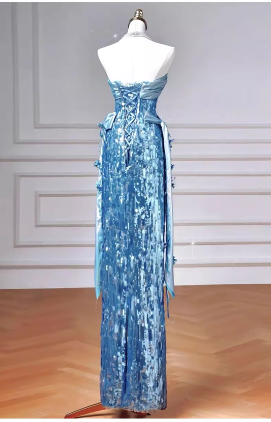 Robe de bal glamour bleu ciel à sequins, fourreau, bustier, maxi, DP7094