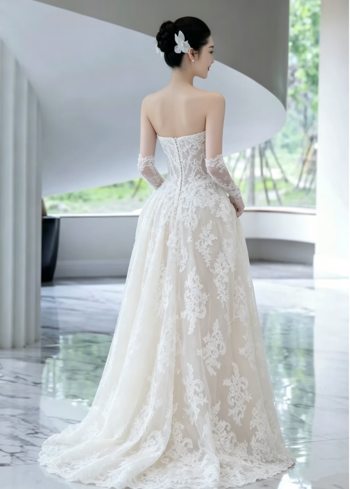 Elegant Strapless Floral Lace Mermaid Detachable Long Lace Sleeves & Scalloped Veil Wedding Dress DP8620