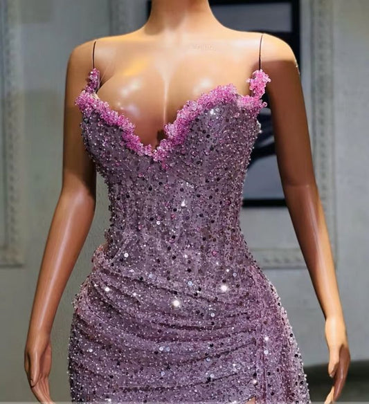 Glamorous Lavender Beaded Evening Dress with Trailing Train & Ruched Bodice DP8028