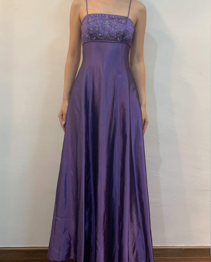 Elegant Purple Spaghetti Straps A-Line Vintage Long Party Dress, DP3988