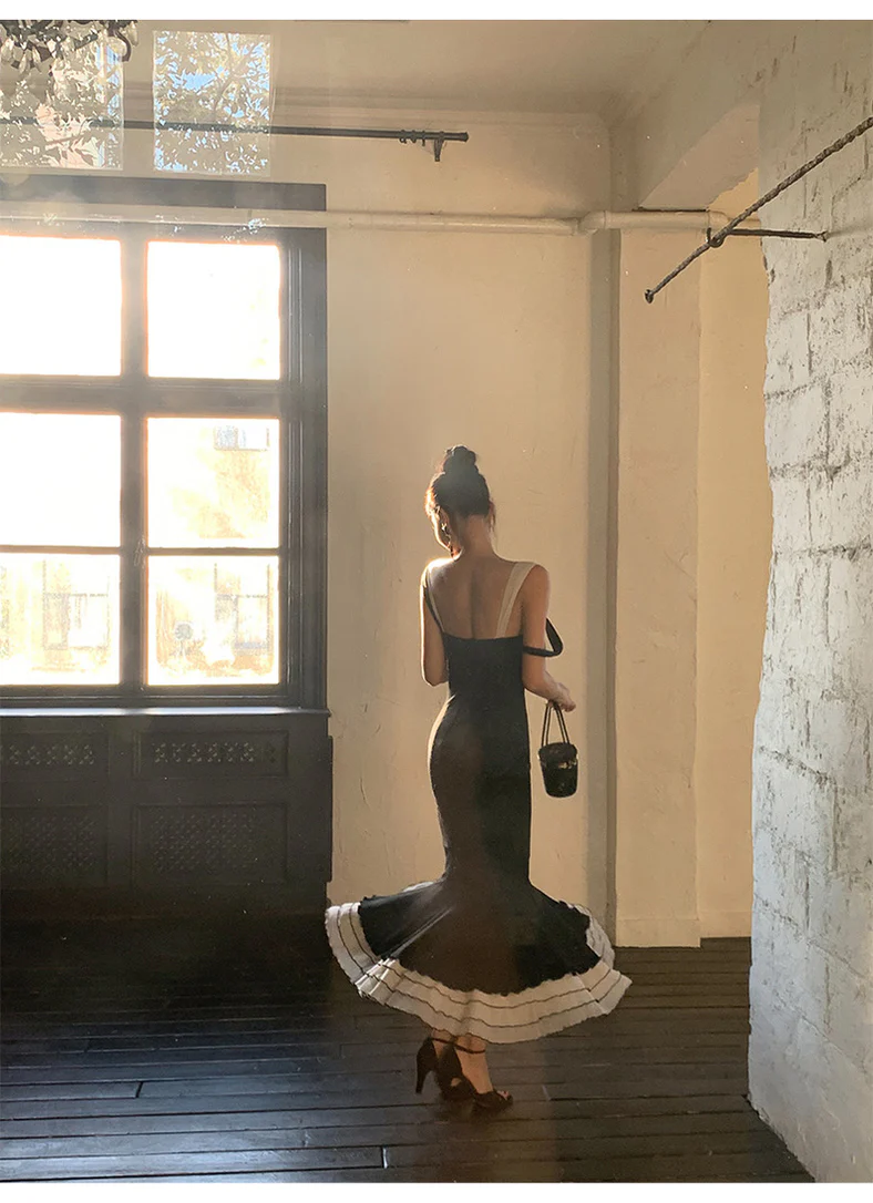 Charming Black Straps Mermaid Elegant Long Evening Party Dress, DP1989