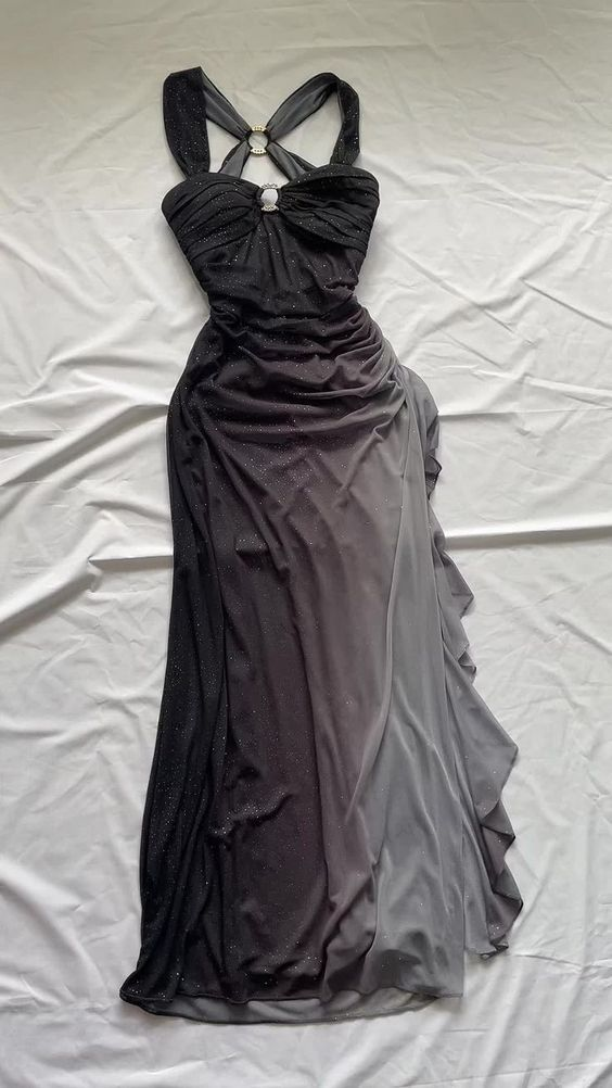 Robe de soirée longue en mousseline de soie à bretelles vintage et volants, DP3814