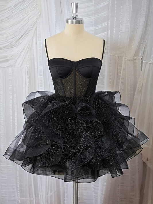 Black A-Line Straps Tulle Homecoming Dress Mini Party Dress, DP3031