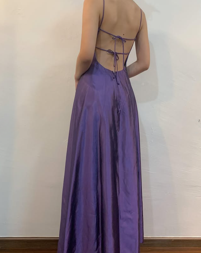 Elegant Purple Spaghetti Straps A-Line Vintage Long Party Dress, DP3988