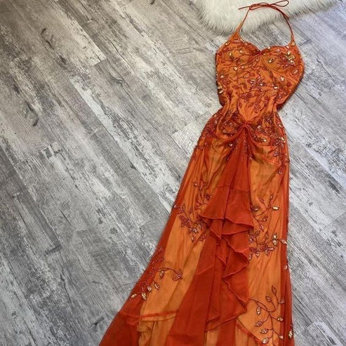 Orange Halter Beading Appliques Vintage Long Party Dress, DP2494