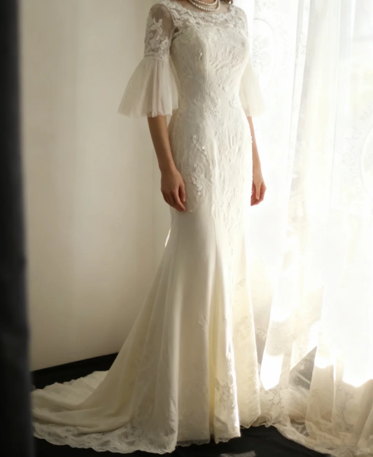 Vintage Cream Lace Mermaid Bell Sleeves with Illusion Neckline & Train Wedding Dress DP7647