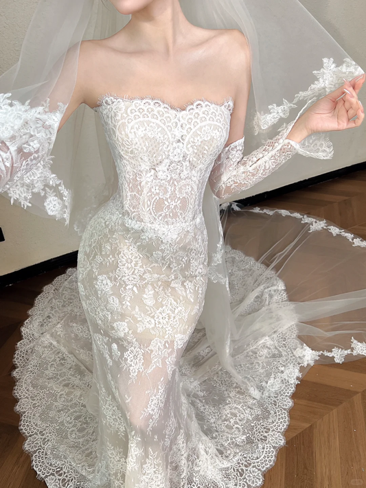 Glamorous Lace Mermaid Strapless Wedding Dress with Detachable Lace Sleeves and Floral Lace Veil DP7122