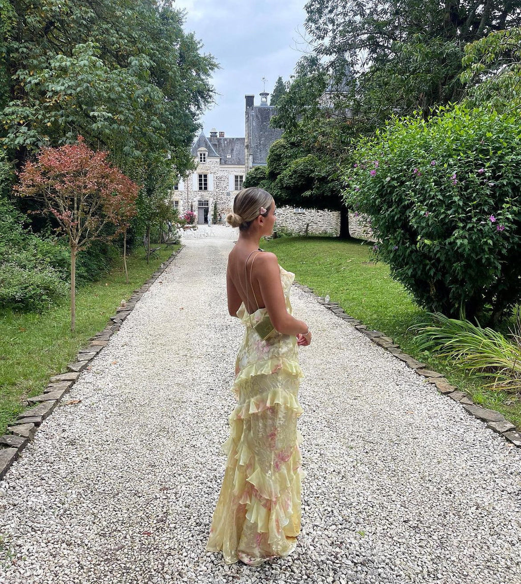 Yellow Spaghetti Straps Ruffle Long Prom Dress with Ruffles,DP1725