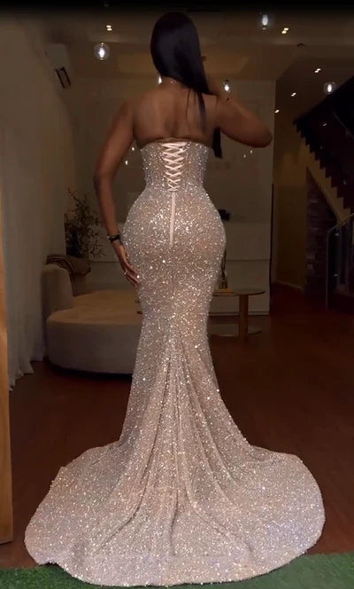 Gorgeous Strapless Prom Dress Glittering Beaded Evening Gown High Slit Party Dress Trailing Long Formal Dress DP6818