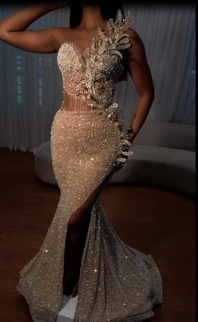 Gorgeous Strapless Prom Dress Glittering Beaded Evening Gown High Slit Party Dress Trailing Long Formal Dress DP6818