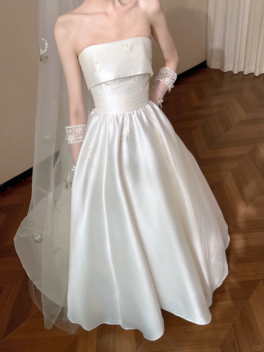 Vintage White Strapless Embroidery Wedding Dress Satin Bridal Gown DP7118