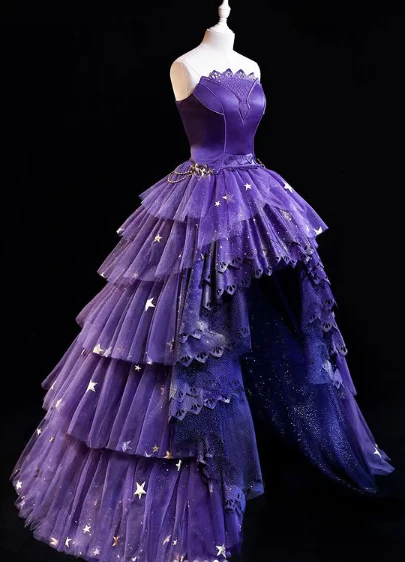 Stunning Purple Star Tulle Lace Evening Ball Gown Birthday Outfits, DP3425