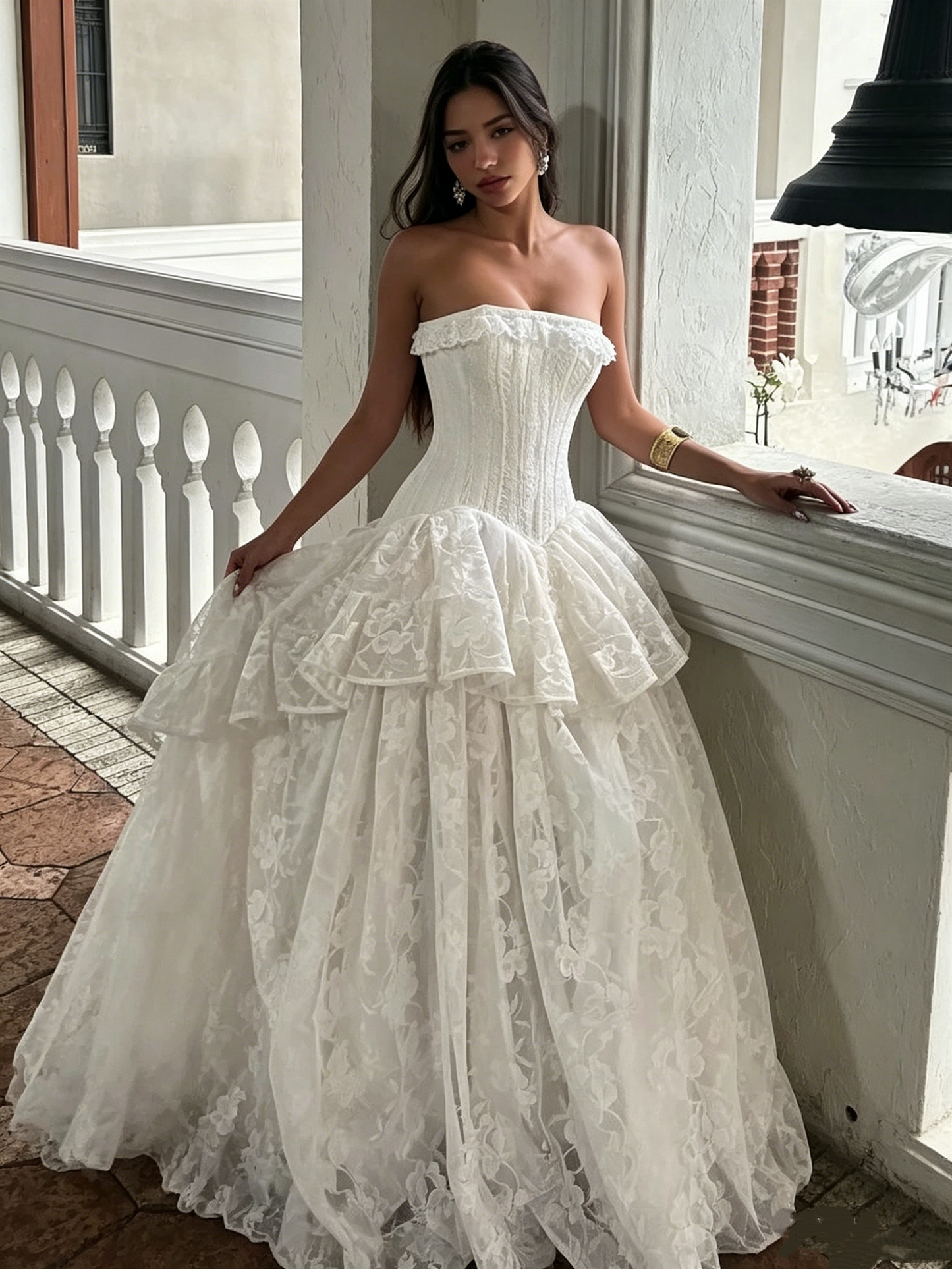 Romantic Strapless Corset Tiered Lace Floral A-Line Wedding Dress DP8617