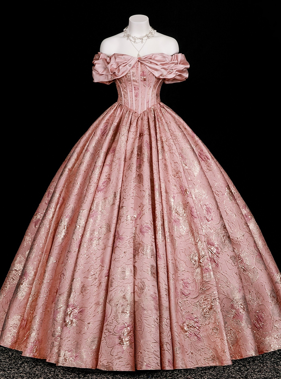 Vintage-rosa Satin-Ballkleid mit schulterfreiem Ausschnitt, floralem Brokatmuster und A-Linien-Schnitt für Sweet 15 Quinceañera DP7577