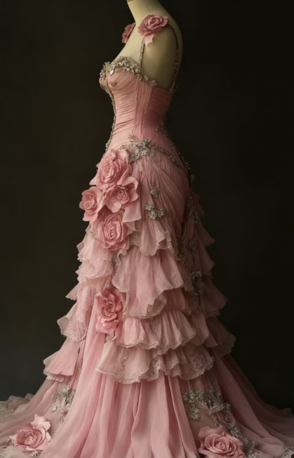 Chic Romantic Pink 3D Rose Appliques Tiered Ruffles Beaded Evening Gown DP7167