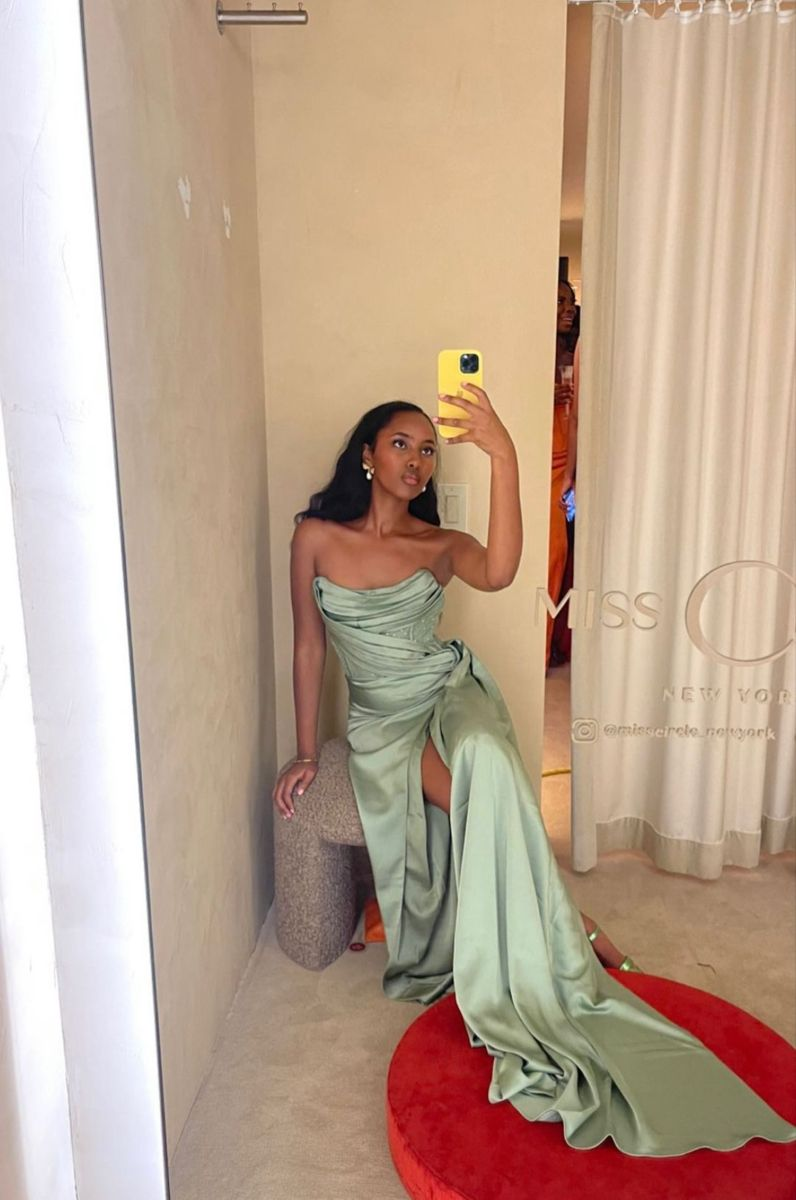 Sage Green Strapless Sheath Satin Long Formal Party Dress, DP4015