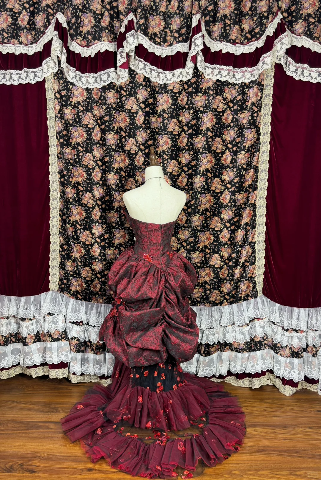 Gorgeous Burgundy Sweetheart Rose Applique Strapless Floor-length/Short Prom Dress Birthday Dress Evening Dress DP6422