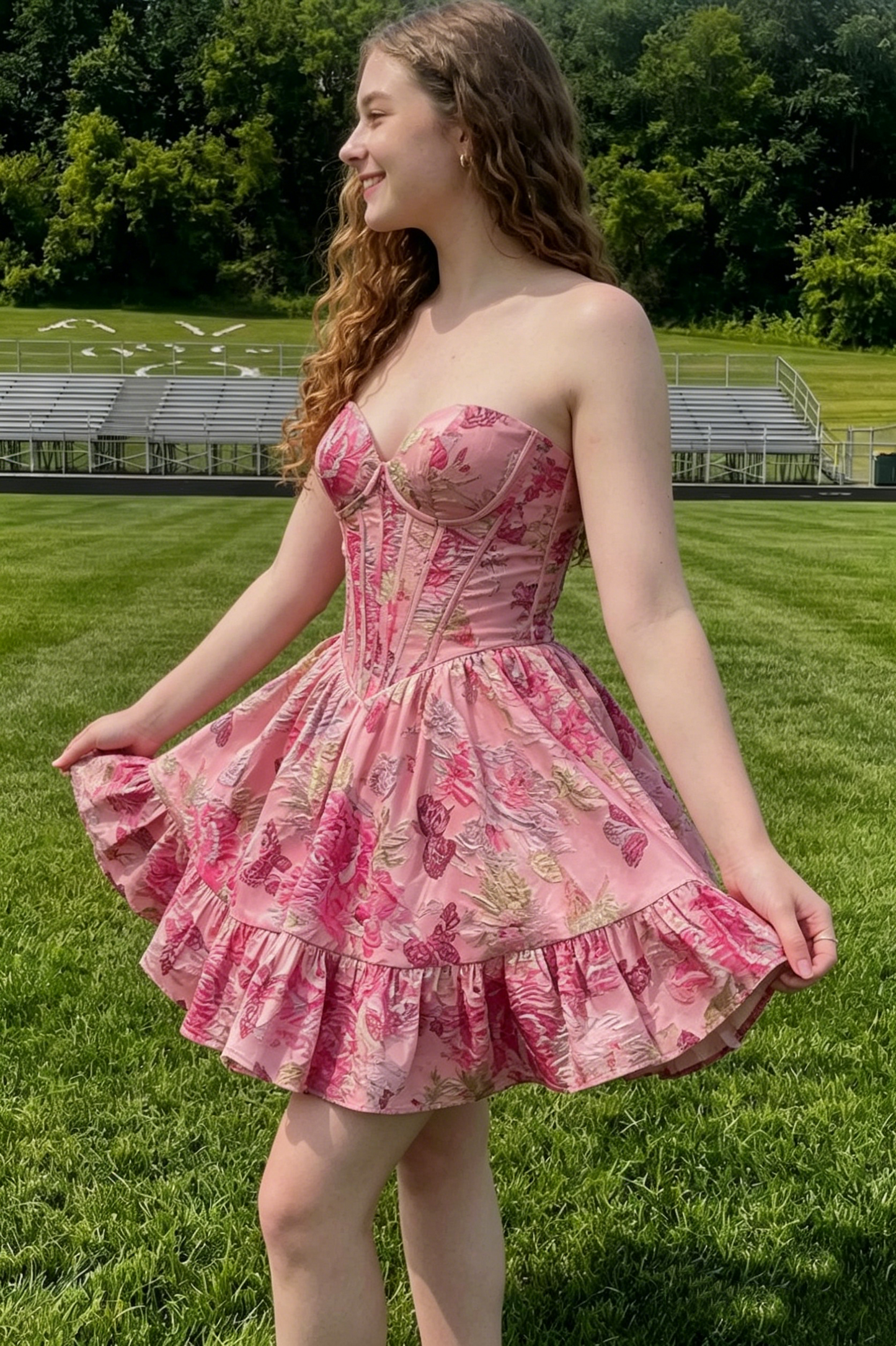 Vintage Pink Strapless Sweetheart Ruffle Floral A-Line Homecoming Dress DP8544