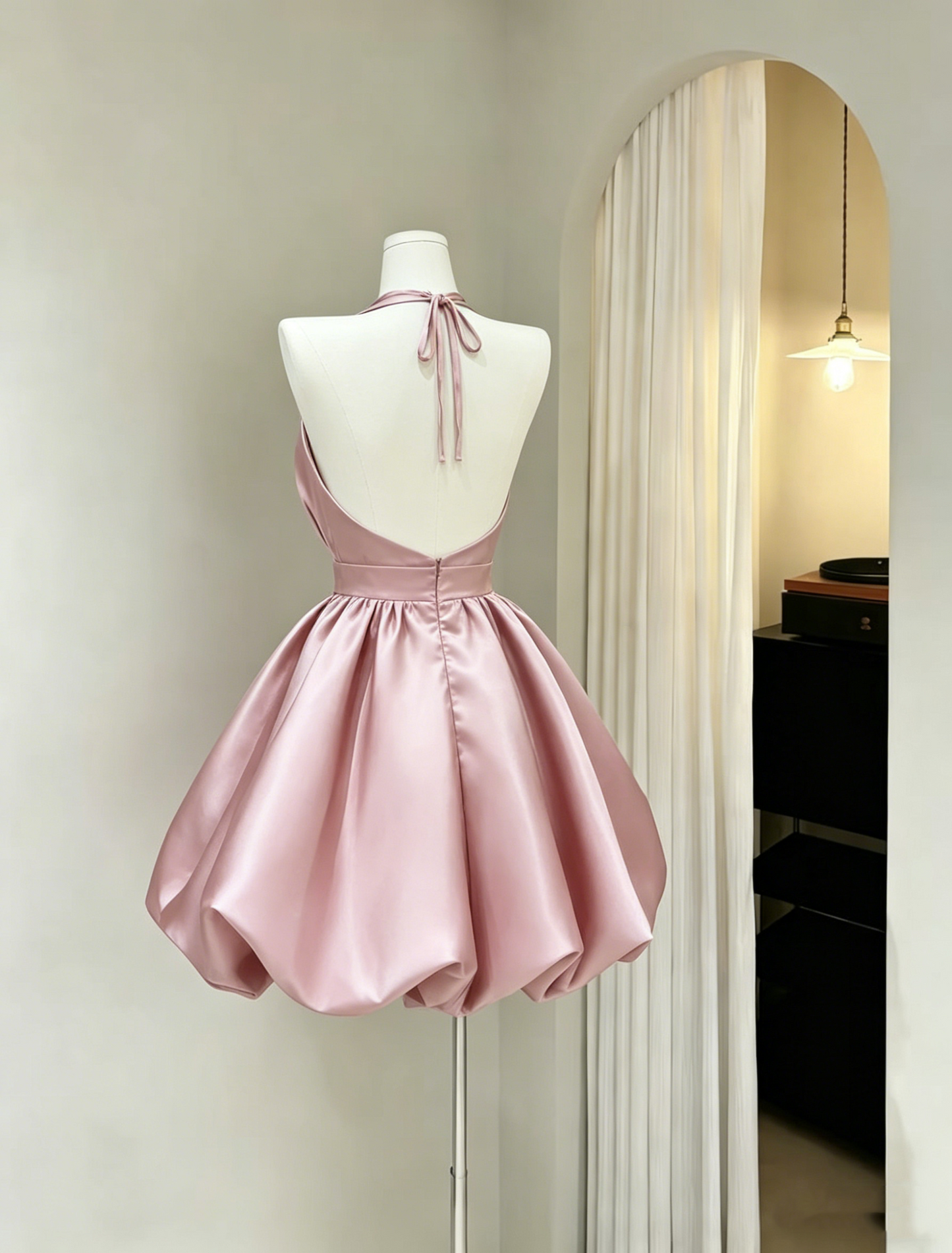 Vintage Pink Satin Halter Neck Mini A-Line Homecoming Dress DP8549