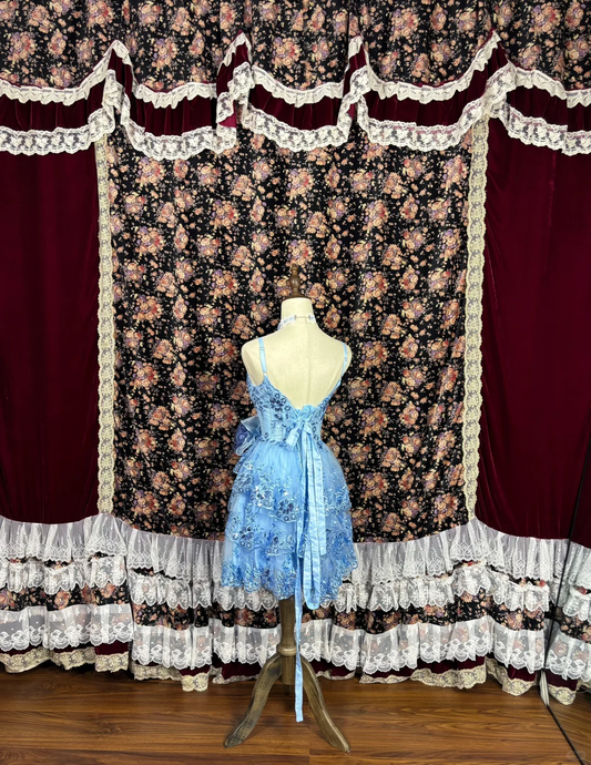 Retro Blue Floral Applique A-Line Elegant Chiffon Tiered Homecoming Dress Evening Dress Prom Dresses DP6150