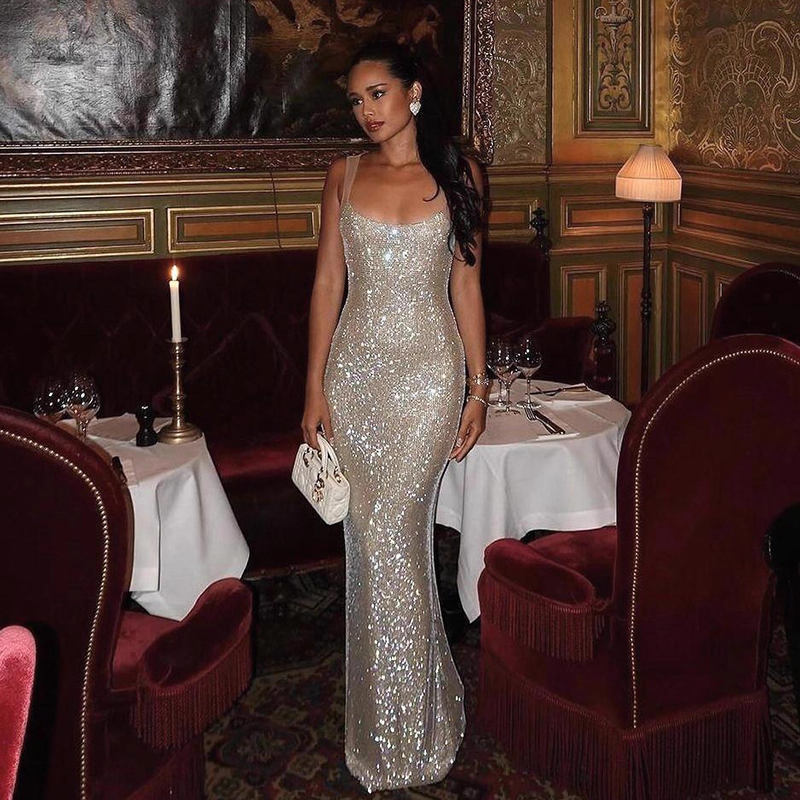 Enchanting Silvery Glittering Sequin Mermaid Long Prom Dress Evening Dress DP6411