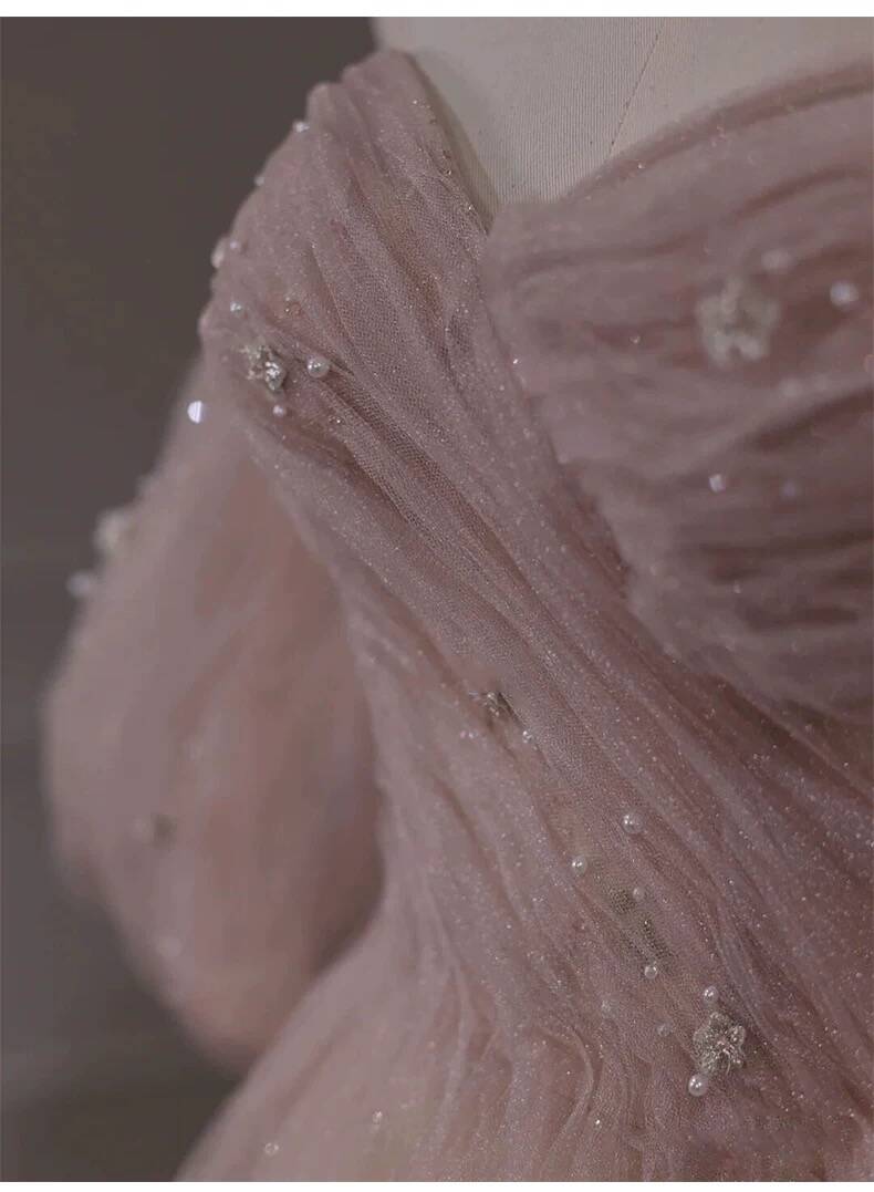 Rosa schulterfreies A-Linien-Tüll-Ballkleid, langes Abendkleid, DP3965