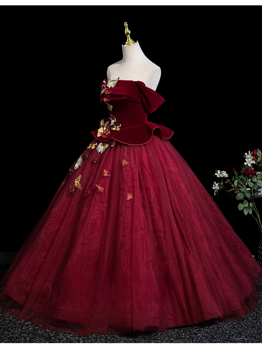 Vintage Burgundy 3D Butterflies Sweet 16 Quinceanera Off-the-shoulder Evening Dress Floor Length Ball Gown DP6909