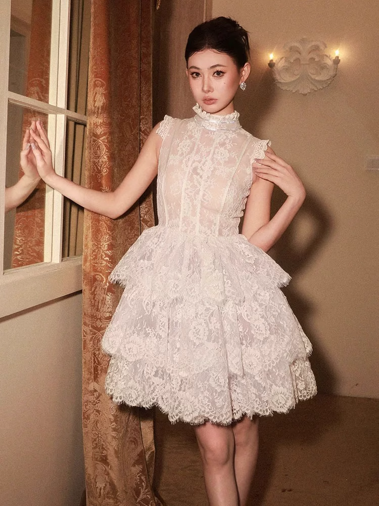 Vintage Beige Applique Design A-line Lace Short Tiered Party Dress Homecoming Dresses, DP5970