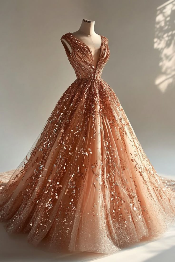 Champagne Gold V Neck A-Line Sequins Long Prom Dress Evening Ball Gowns, DP5557