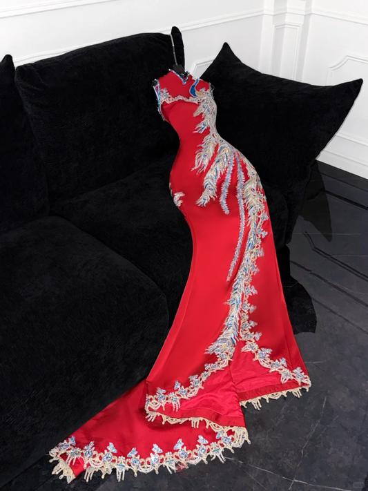Superbe robe de soirée sirène rouge brillante avec broderie de perles et paillettes DP6227