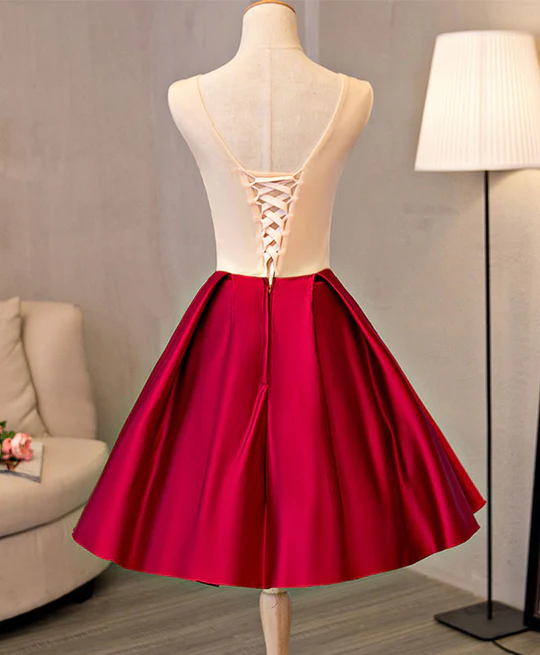 Vintage Red Floral Embroidery Design A-line Lace-up Satin Party Dress Homecoming Dress DP6070