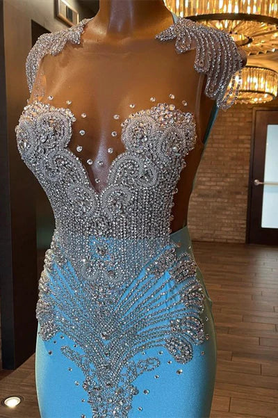 Vintage Glittering Beaded Prom Dress Sky Blue Evening Gown Mermaid Party Dress Long Formal Dress DP6824