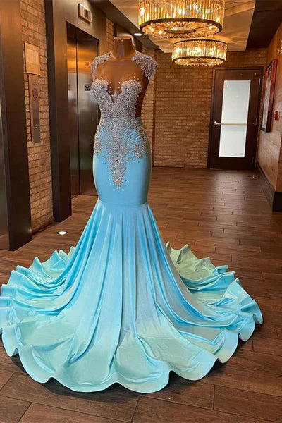 Vintage Glittering Beaded Prom Dress Sky Blue Evening Gown Mermaid Party Dress Long Formal Dress DP6824