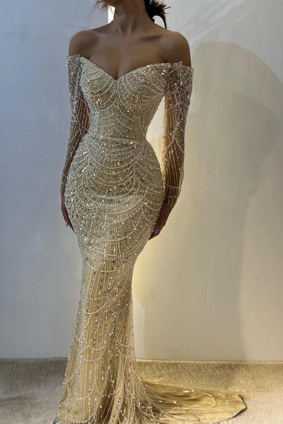 Vintage Champagne Prom Dress Glittering Beaded Sequin Evening Dress Off-the-shoulder Party Dress Long Formal Dress DP6838